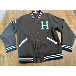 Huf Bomber Jacket Mens Large Black White Skater Full Button "HUF dirtbags"